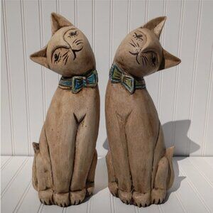 Vintage Wooden Cat Statues Folk Art Hand Carved and Painted 16 inch MCM Cats